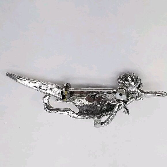 ROADRUNNER Pin Bird Brooch Blue Eye Unsigned Silver Tone Metal Lapel Hat Vintage - Picture 7 of 10